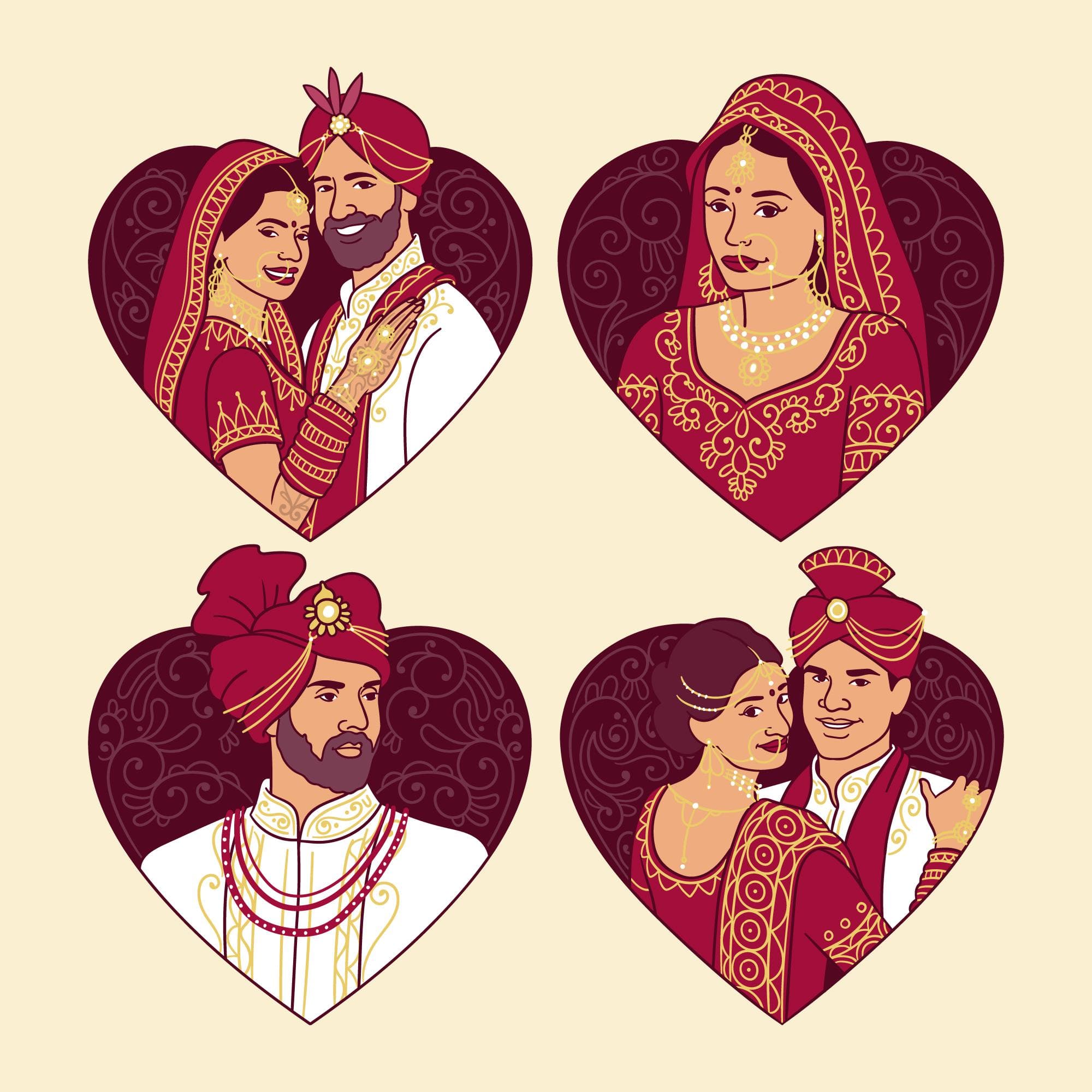 Illustrated wedding portraits of couples and families