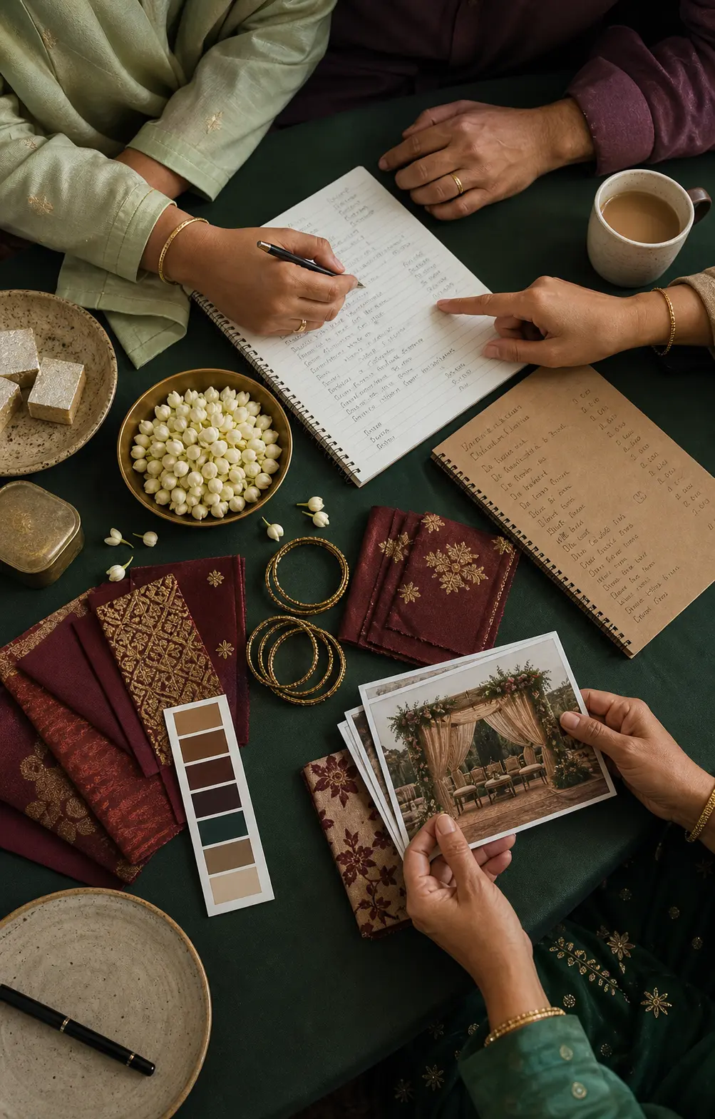 Wedding planning notes, a checklist and an invitation on a table